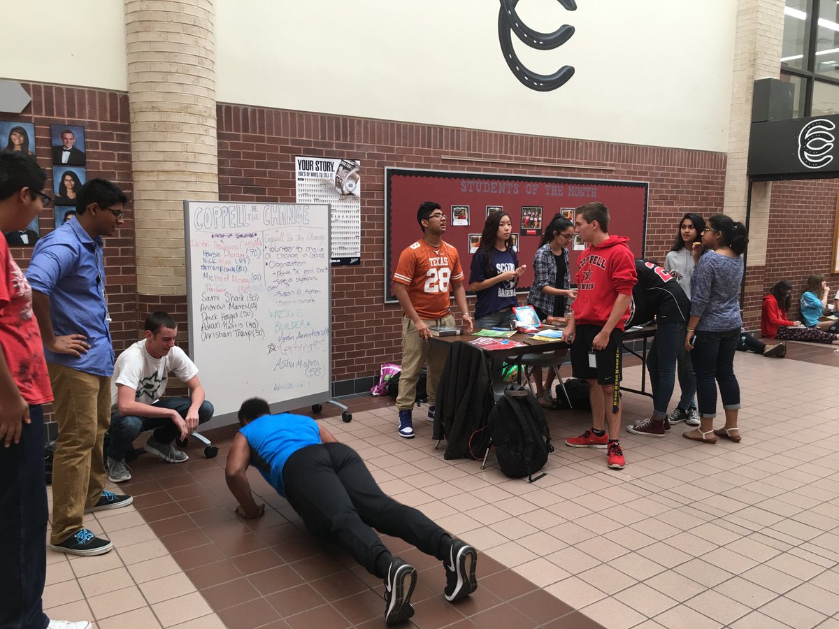 CoppellBTC's tweet photo. A throwback to Coppell Be The Change's very first in-school event where we conducted a Pushup Challange and recruited new members. https://t.co/jnzykFyJWz