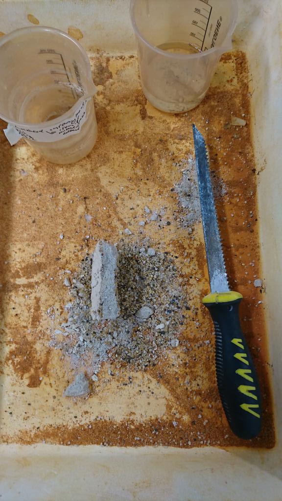 LeeHudek's tweet photo. Tools of the trade are changing from #pipettes to #plastersaws. A strong layer of #microbe produced #bioconcrete @DeakinCeRRF @MicrobeWorld https://t.co/r0o6ZnClvt