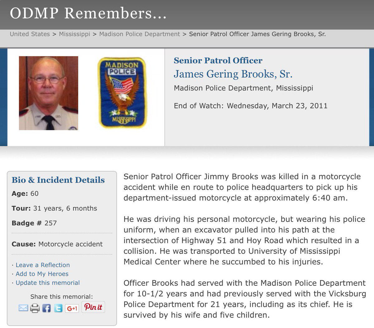 460km's tweet photo. In memory of our American friends, Senior Patrol Officer James Gering Brooks, Sr. #MadisonPD 

EOW: Mar 23, 2011 #HeroesInLife @NLEOMF ⚫️🔵⚫️ https://t.co/ePheJHKDTv