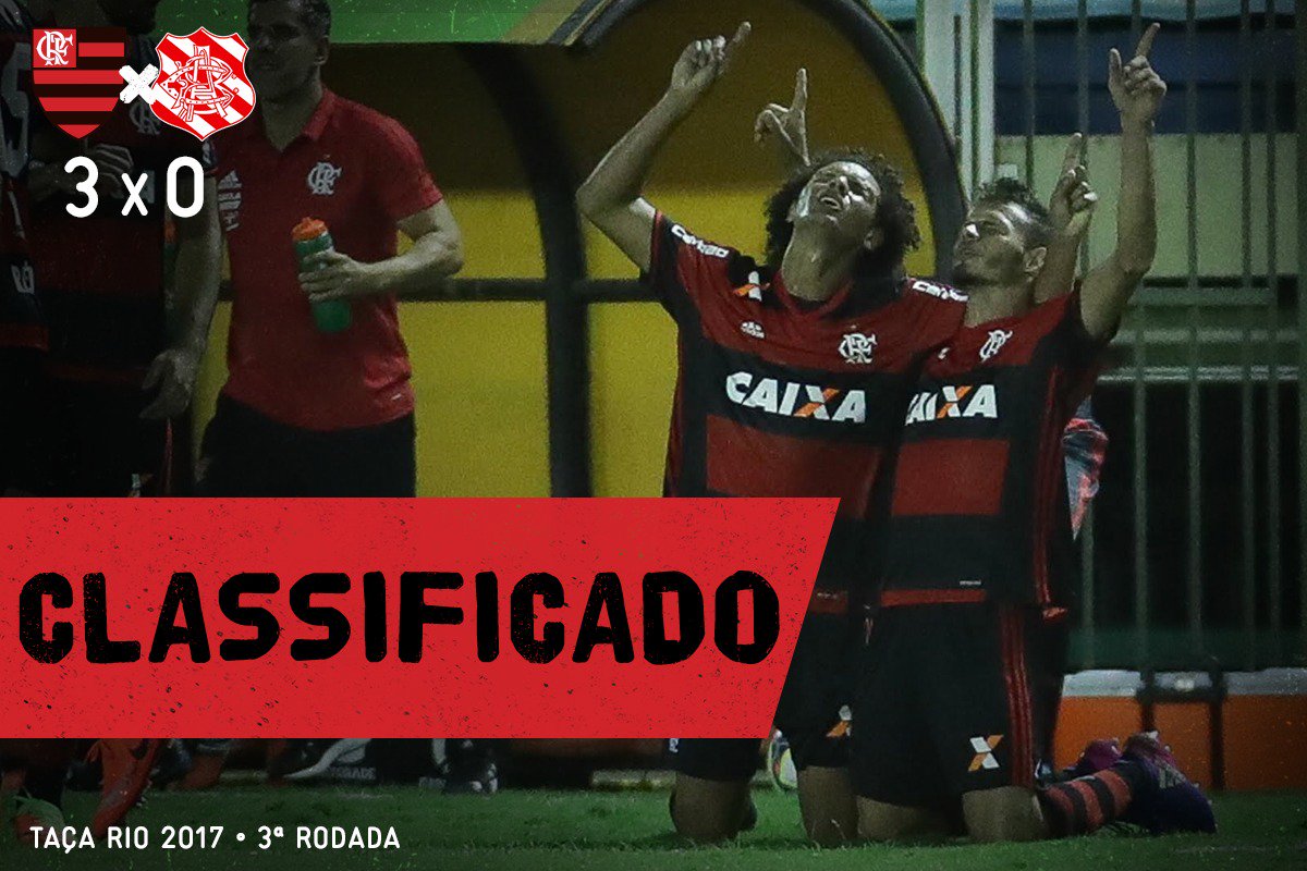 Flamengo's tweet photo. FIM DE JOGO! Com gols de Renê, Damião e Sávio, Flamengo bate o Bangu por 3x0 e se garante na semifinal do Estadual #Classificado https://t.co/Gr1d11btNq
