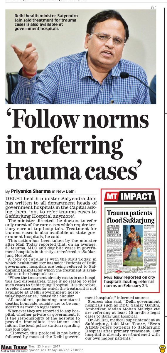 BudbakChacha's tweet photo. 'Follow norms in referring trauma cases' - SatyendarJain https://t.co/x3wXnHstek A