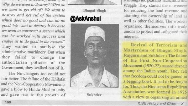 AskAnshul's tweet photo. Bhagat Singh, Rajguru &amp; Sukhdev sacrificed for our Freedom but they were Terrorists in History books during Congress Regime. #ShaheedDiwas https://t.co/gbHdrmeX7b
