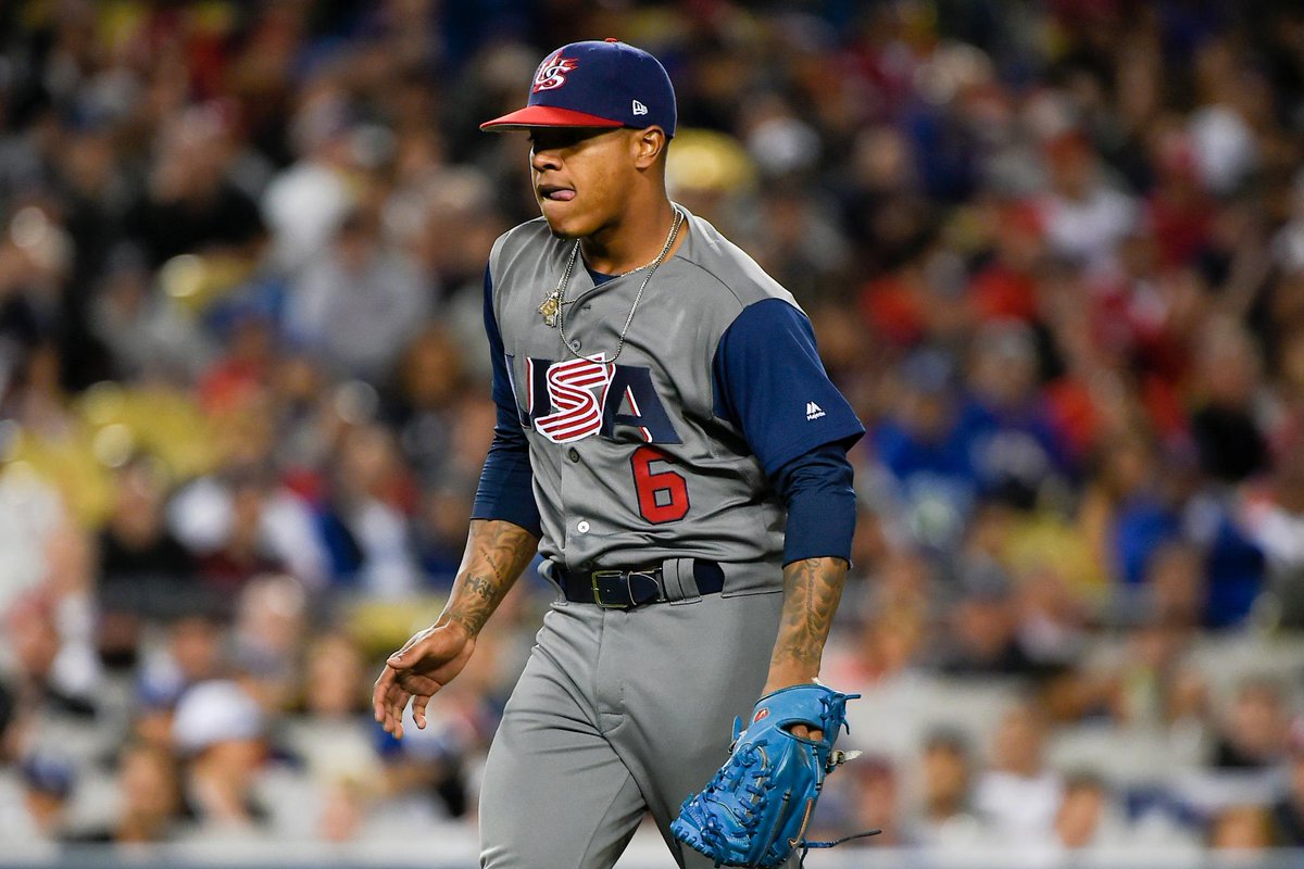 espn's tweet image. 7th-inning stretch at the WBC final, and Marcus Stroman is DEALING. 

3 Ks, 0 hits, a 7-0 lead, and the U.S. is 9 outs from its first title.