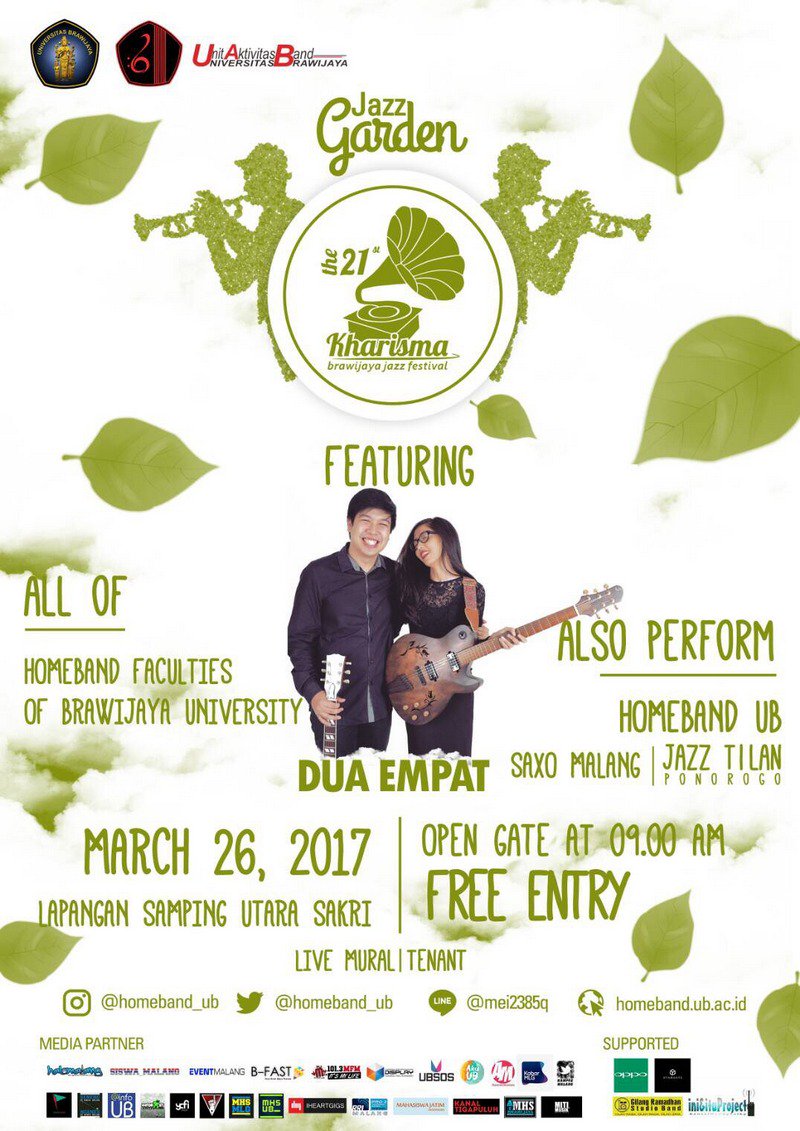 The 21st Kharisma Jazz Festival "Jazz Garden" on March, 26th 2017 at Lap. Samping Utara Sakri // info: <a href="/homeband_ub/">Homeband Brawijaya</a>