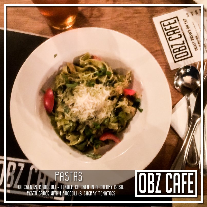 How does tender chicken with broccoli &amp; basil pesto sound in a pasta?
#ObzCafe #Pasta #Food