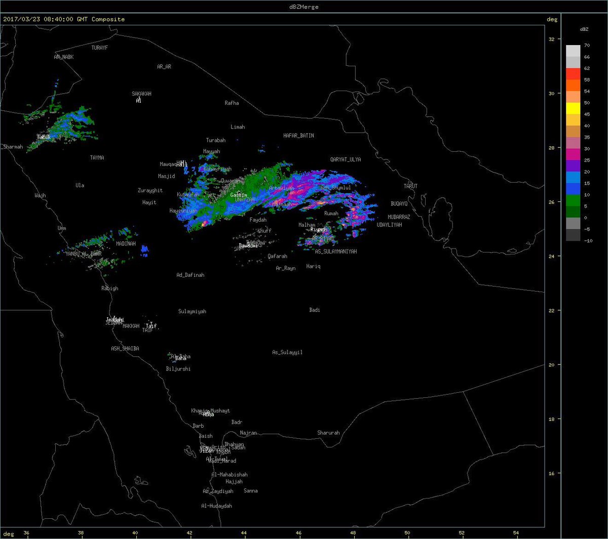 NCMKSA's tweet photo. صور الرادار توضح تواجد السحب الرعدية #الممطرة على  مناطق #الرياض #القصيم #الشرقية والمتوقع إستمرارها بمشيئة الله https://t.co/Rd9MfFsvZ7