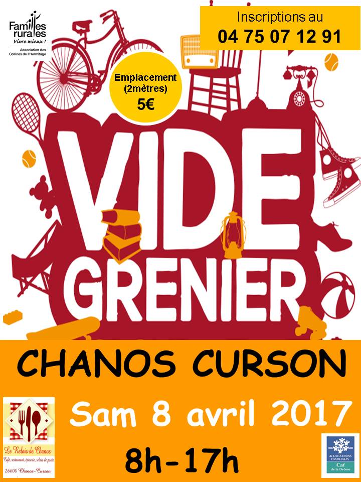 FamillesR26's tweet photo. VIDE GRENIER Familles Rurales Chanos Curson 
Inscrption au : 04.75.07.12.91
Samedi 8 Avril 2017 de 8h à 17h
 @BachimontR @FamillesRurales https://t.co/jfgkE4WwUv
