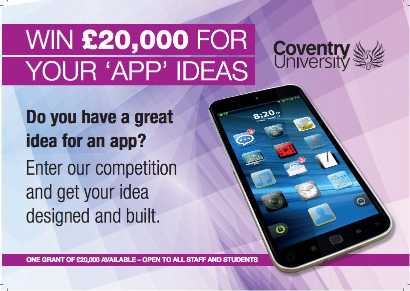 CovUni_Business's tweet photo. The deadline to enter our #appcompetition is TOMORROW! There's a £20k grant up for grabs to build a new app! >> https://t.co/NAqs73vrXR https://t.co/k8DjAs5lYW