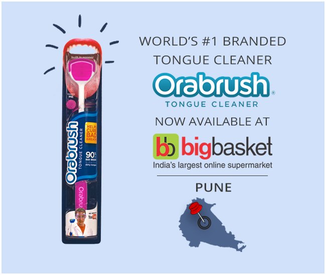 OWSMonline's tweet photo. Hello #Pune 
Launching our product at a #BigBasket near you. Say Adios to bad breath with #OraBrush #Tongue cleaner. #wellness #dental https://t.co/xXVZxeG3KV