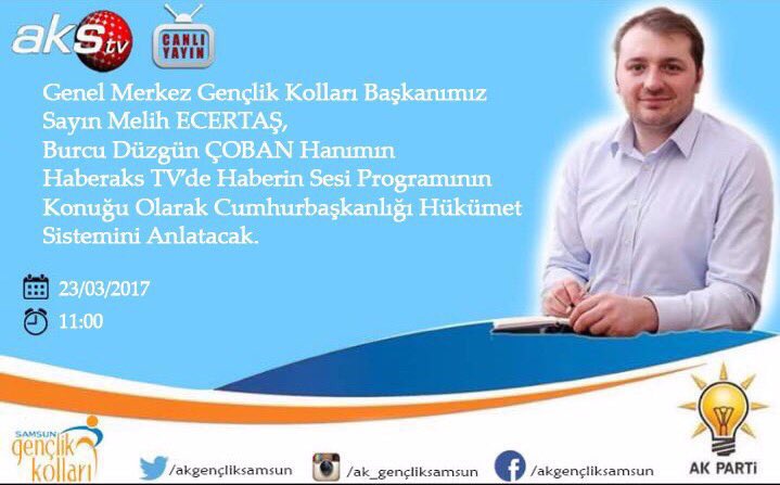 AkGenclikAtakm's tweet photo. Genel Merkez Gençlik Kolları Başkanımız
Sayın @mecertas 
Saat 11:00 da 
Haber Aks Tv de Burcu Düzgün Hanımın Canlı Yayın Konuğu Olacaktır. https://t.co/5VpJemkCtr