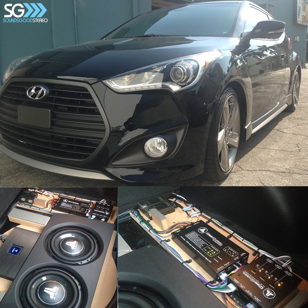 The #Hyundai #Veloster #Turbo is all wired up using @jlaudioinc #subwoofers, #cleansweep &amp; #signalsumming interfaces. As you can tell, we ma