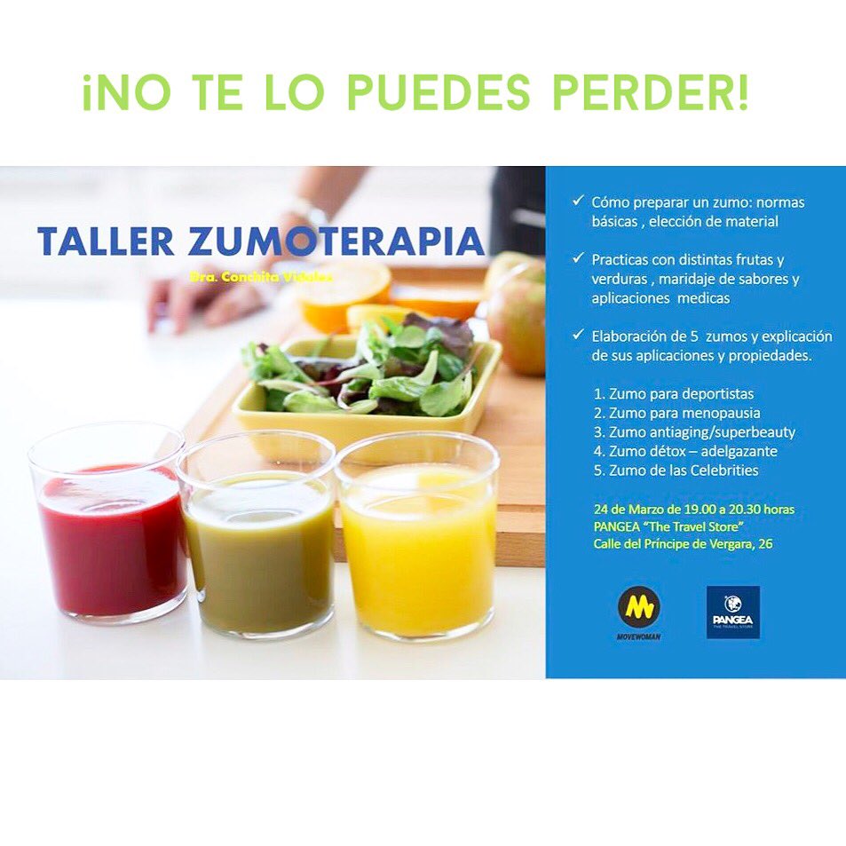 nutrimedic_'s tweet photo. ¡MAÑANA 24 DE MARZO!
Taller zumoterapia Organizado por @movewomanes e impartido por la @ConchitaVidales
24 de Marzo 19.00 Ppe de Vergara 26 https://t.co/7khAjGN0mp