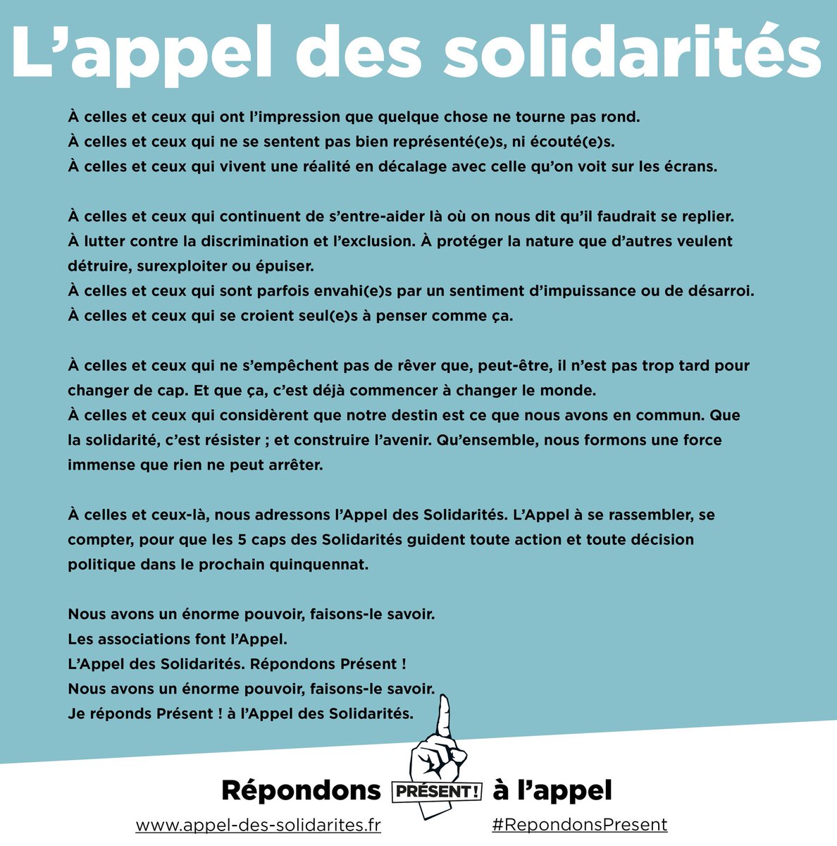 "Avant de savoir pour qui on va voter on veut dire pour quoi on veut voter."
#RepondonsPresent sur appel-des-solidarites.fr