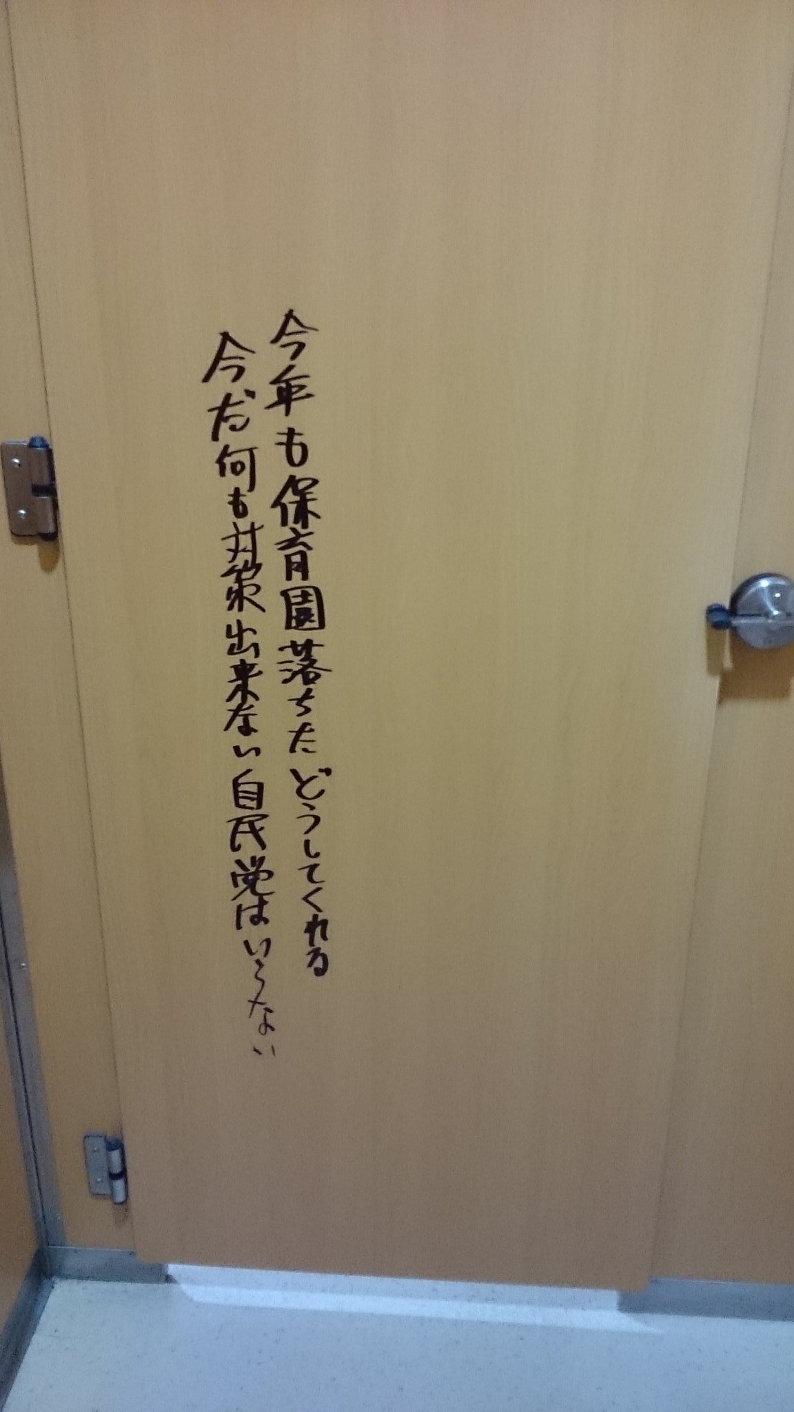 ぶたゴック大佐 On Twitter 舞鶴若狭道 加斗パーキングエリア上がり 男子トイレの扉を閉めるとこの文字がありました 男子トイレ２ヶ所共に書いてあります まず こんな馬鹿な親を持ちたくありませんね 犯罪者ですからね 選挙に行っているのかこの人は 政治