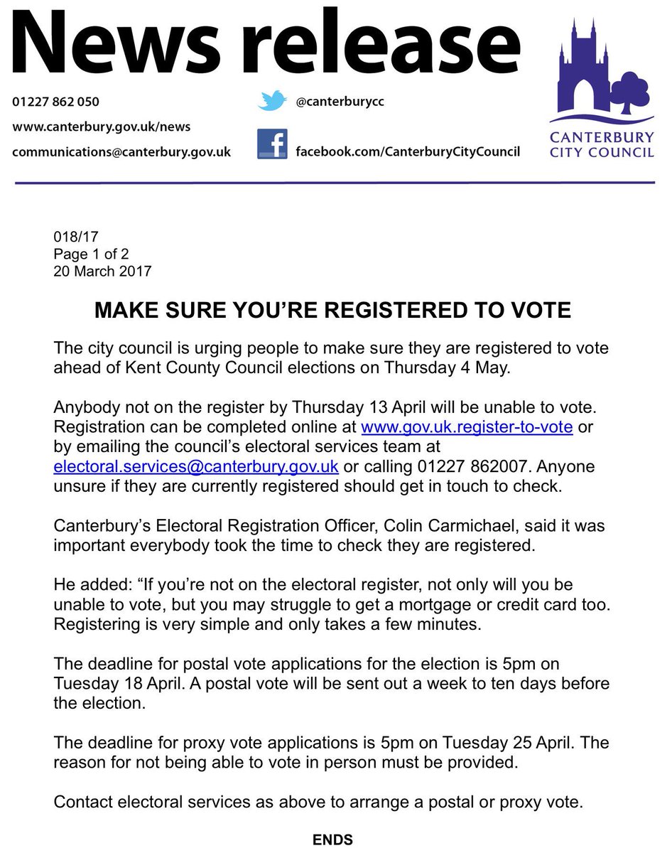 BernadetteFis11's tweet photo. Make sure you're registered to vote in time for #Kent #County #KCC #Elections2017. Here's how - @CharlieMower99 @4RachelGoodwin @rita0brien https://t.co/3rQSWTNf2B