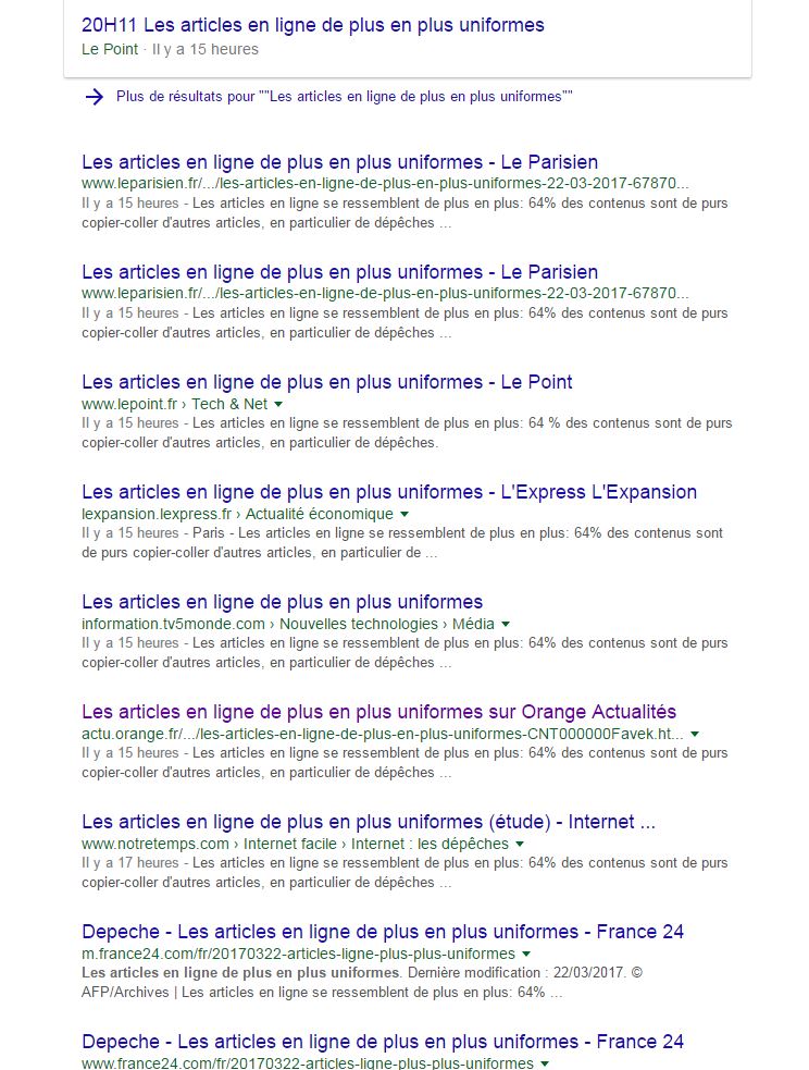 Quand l'INA pointe les contenus de plus en plus identiques sur le web, notamment de reprises AFP, et que l'<a href="/afpfr/">Agence France-Presse</a> en fait une dépêche...