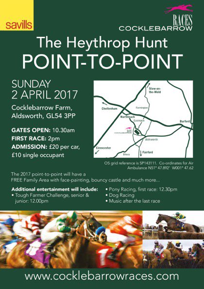 <a href="/cocklebarrow/">Cocklebarrow Races</a> Races Sunday April 2nd - Pony Racing, Side Saddle Dash, Dog Racing, Tough Farmer Challenge, Free Family Area #somuchgoingon