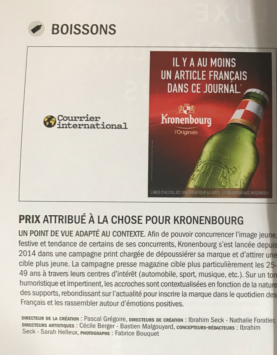 barkette's tweet photo. #HotChoseAwards // Un point de vue adapté au contexte / prix en presse mag pour notre campagne @Kronenbourg_SAS by @lachoseparis vx @CB_News https://t.co/AeX9zAT0HM