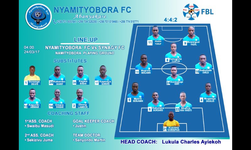 Line up <a href="/NyamityoboraFc/">Nyamityobora Fc</a>  vs Synergy <a href="/NTV_Omumuli/">NTV Omumuli Sports</a>