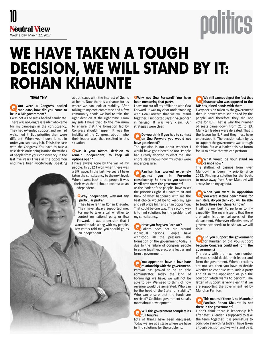 neutralviewmeg's tweet photo. #GoaPolitics #GoaElection2017 #interview #ToughDecisions @RohanKhaunte @hashgoa https://t.co/HgSRmpyVPp