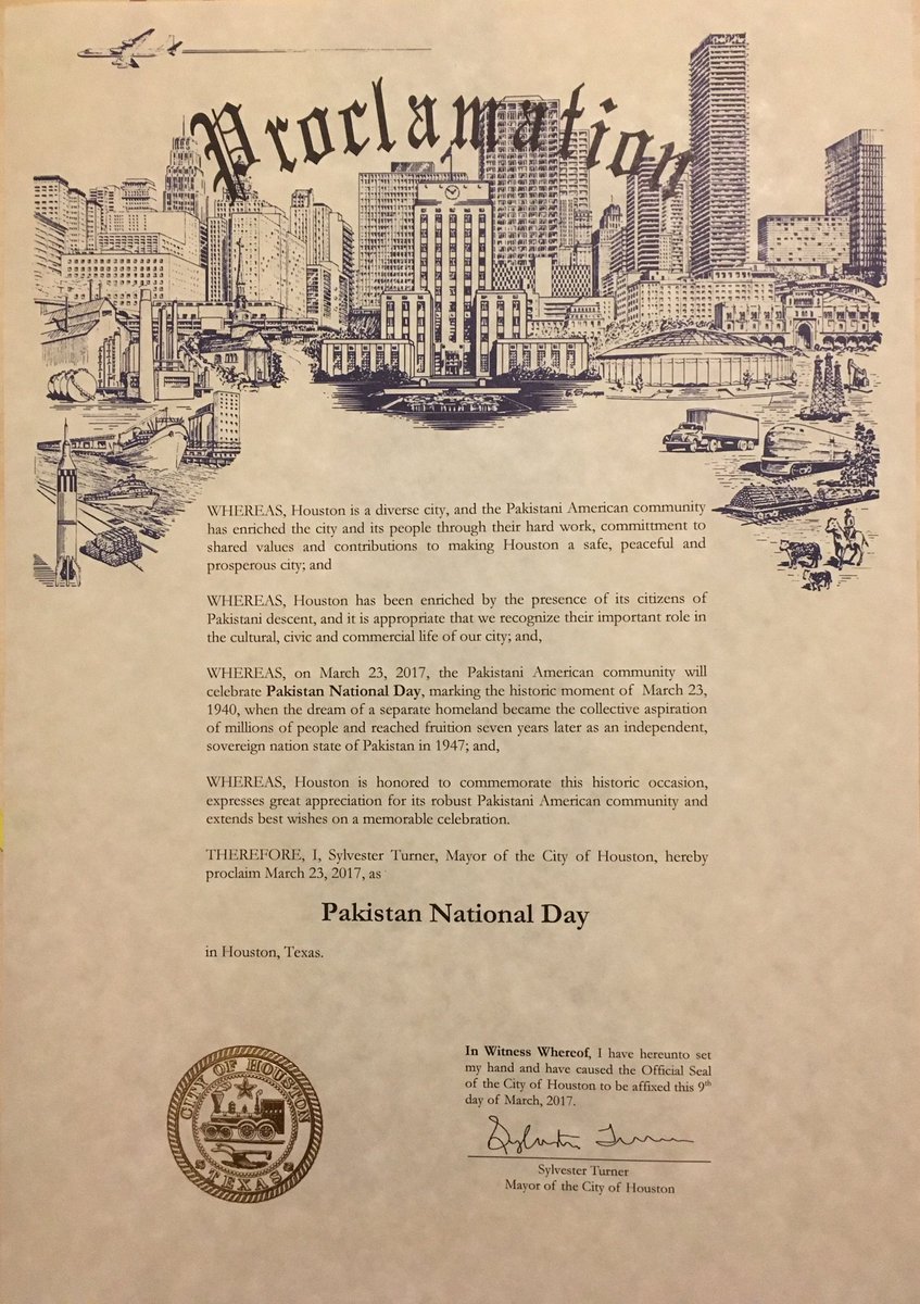 Mayor of Houston honors the Pakistani American community of Houston by proclaiming today as Pakistan National Day! Thank you MayorTurner