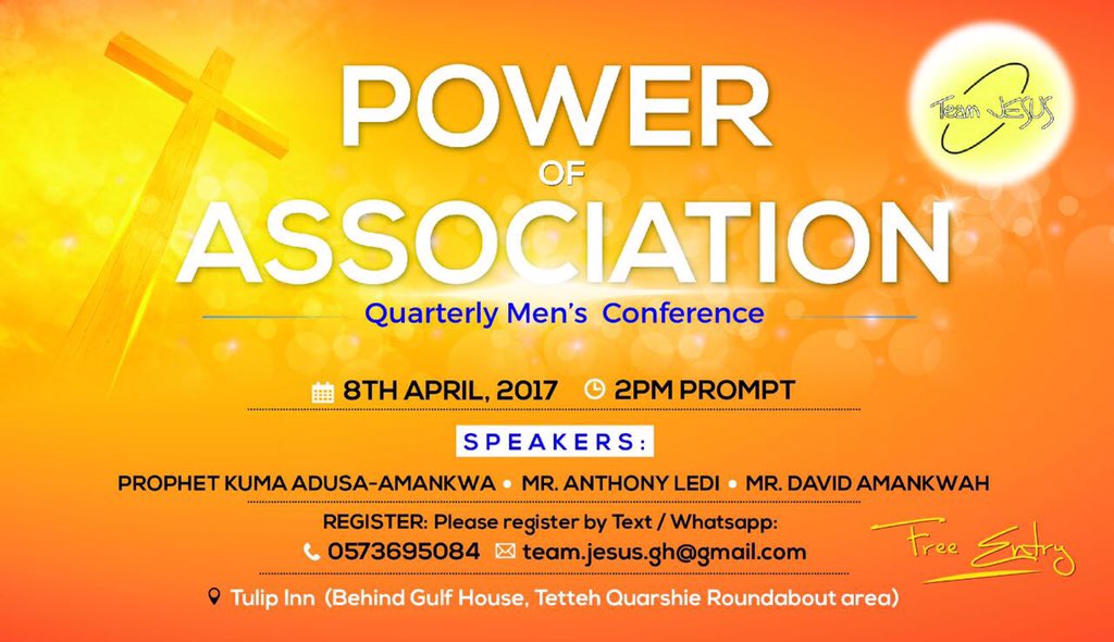 TeamJesusGhana's tweet photo. Our next men's conference is on 8th April. Join us as we look at the impact the various relationships we are in have on us! Don't miss! https://t.co/v4J4YkzeAe