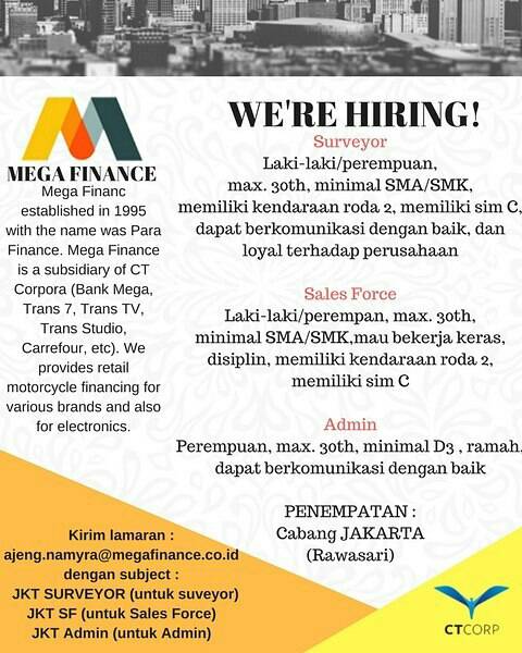 #Fulltime Surveyor,Sales Force,Admin di Mega Finance
#lokerJakarta #KarirJakarta #lowongankerja #jobseeker #jobhunt
instagram.com/p/BRuP9r9gpE_