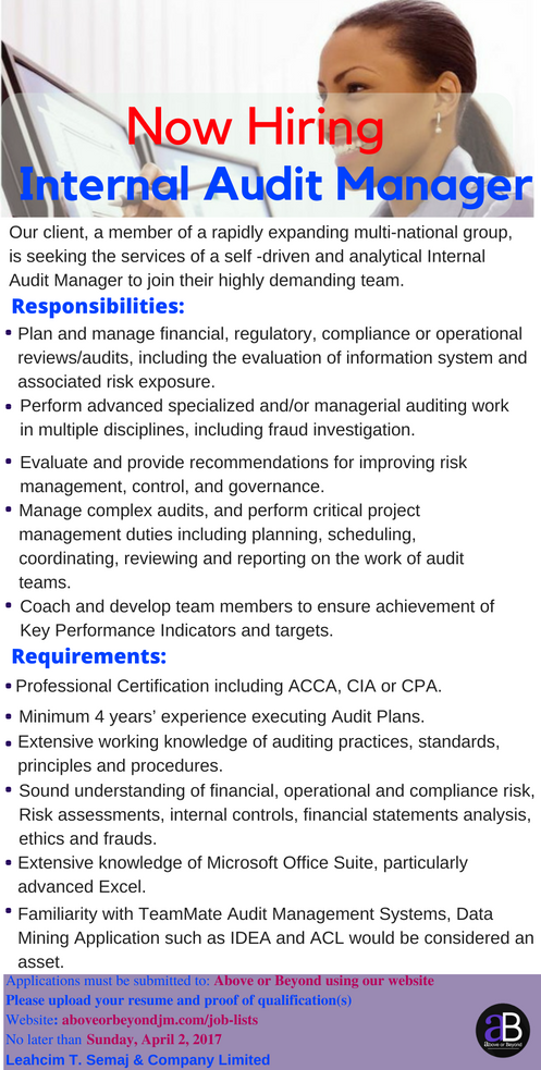 aboveorbeyondjm's tweet image. Vacancy for the position of #InternalAuditManager
#GetConnected visit our website:aboveorbeyondjm.com/job-lists