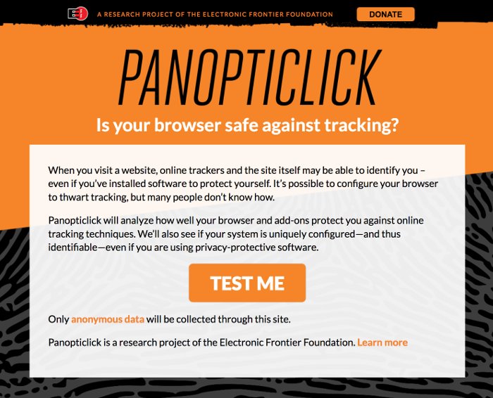 DuckDuckGo's tweet image. Have you tried Panopticlick? An online tool that shows how susceptible to tracking &amp;amp; browser fingerprinting you are.
panopticlick.eff.org