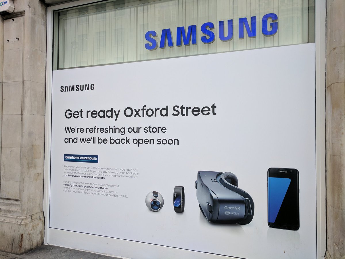JJMcCann's tweet photo. Just passed the @SamsungMobile store on Oxford Street - wonder what they're prepping for 🤔 #TheNextGalaxy #GalaxyS8 https://t.co/mg12K5KKV5