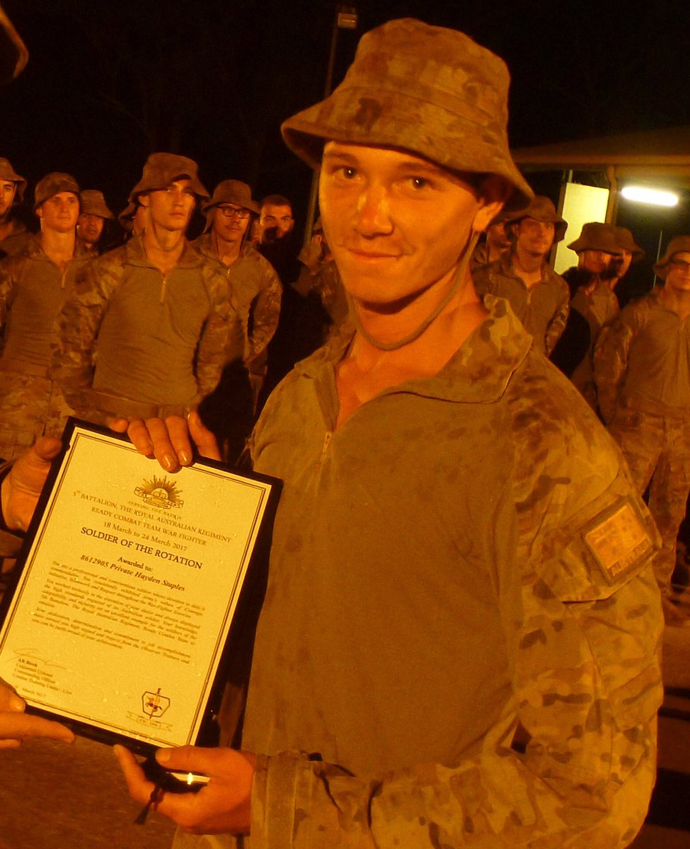 Mick_Landy's tweet photo. CO #CTC_Live presents PTE Hayden Staples with the Soldier of the Rotation award for outstanding performance on 5 RAR's RCT WFX. #EXPolygon https://t.co/8rsnG0Zmia