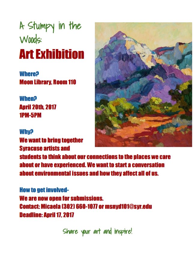 Rivka3141's tweet photo. Want to see some art? Want to share some art? Come to the Stumpy in the Woods Art Exhibition on April 20, 2017!! #nifkin #esf https://t.co/gduafvME4o