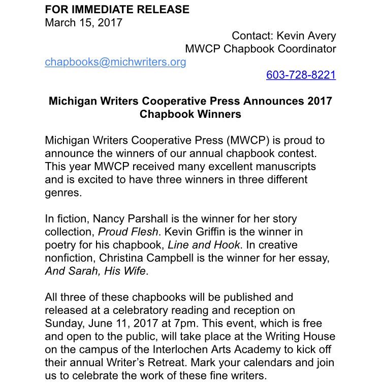 DCC1928's tweet photo. Mr. Griffin '96 will have his book of poems "Line and Hook" published after he won the Michigan Writers Cooperative Press chapbook contest! https://t.co/1FlZjz0H1k