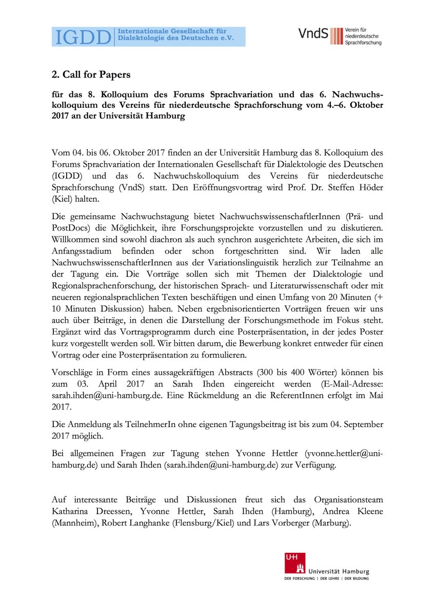 HLaehnemann's tweet photo. CfP 8th Colloquium of the Forum #Sprachvariation &6th PG Colloquium Verein für niederdeutsche Sprachforschung Hamburg 4–6 October #LowGerman https://t.co/gy5UX40pO1
