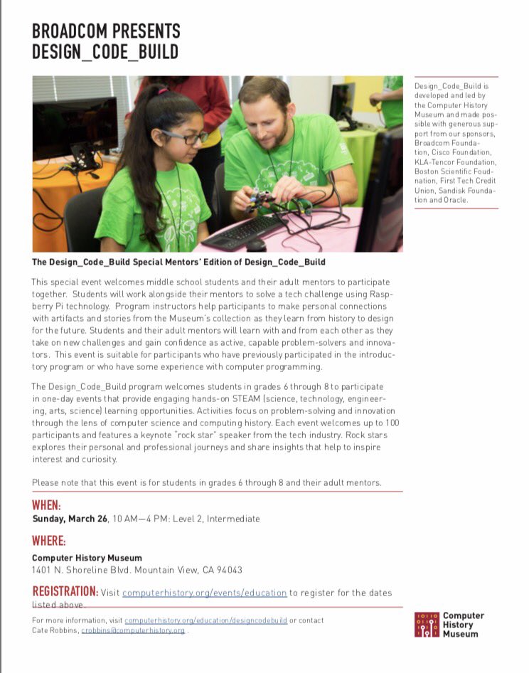 Cate_Robbins's tweet photo. Excited for this Sunday's Special Mentors' Edition of #DesignCodeBuild @ComputerHistory !! @broadcomSTEM #MentorYouth https://t.co/n2If4o5Wvc