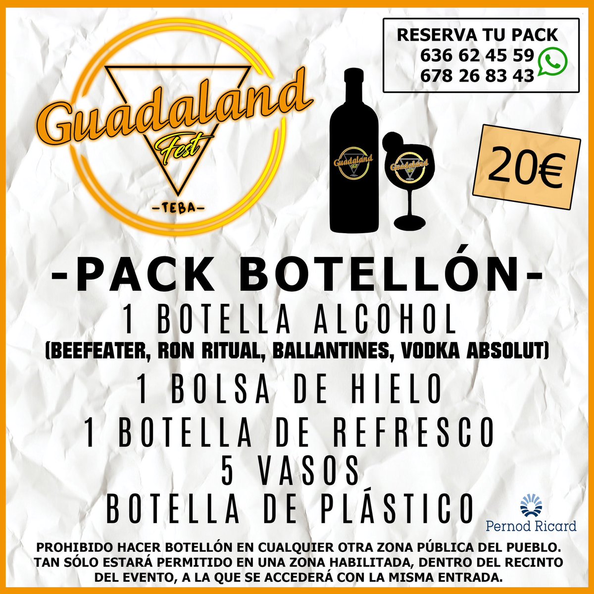 A partir de hoy puedes 📋reservar tu #PackBotellón🍾🍹 facilitándonos tus datos vía 📲WhatsApp.

📲
636 62 45 59
678 26 83 43

#Guadaland💛