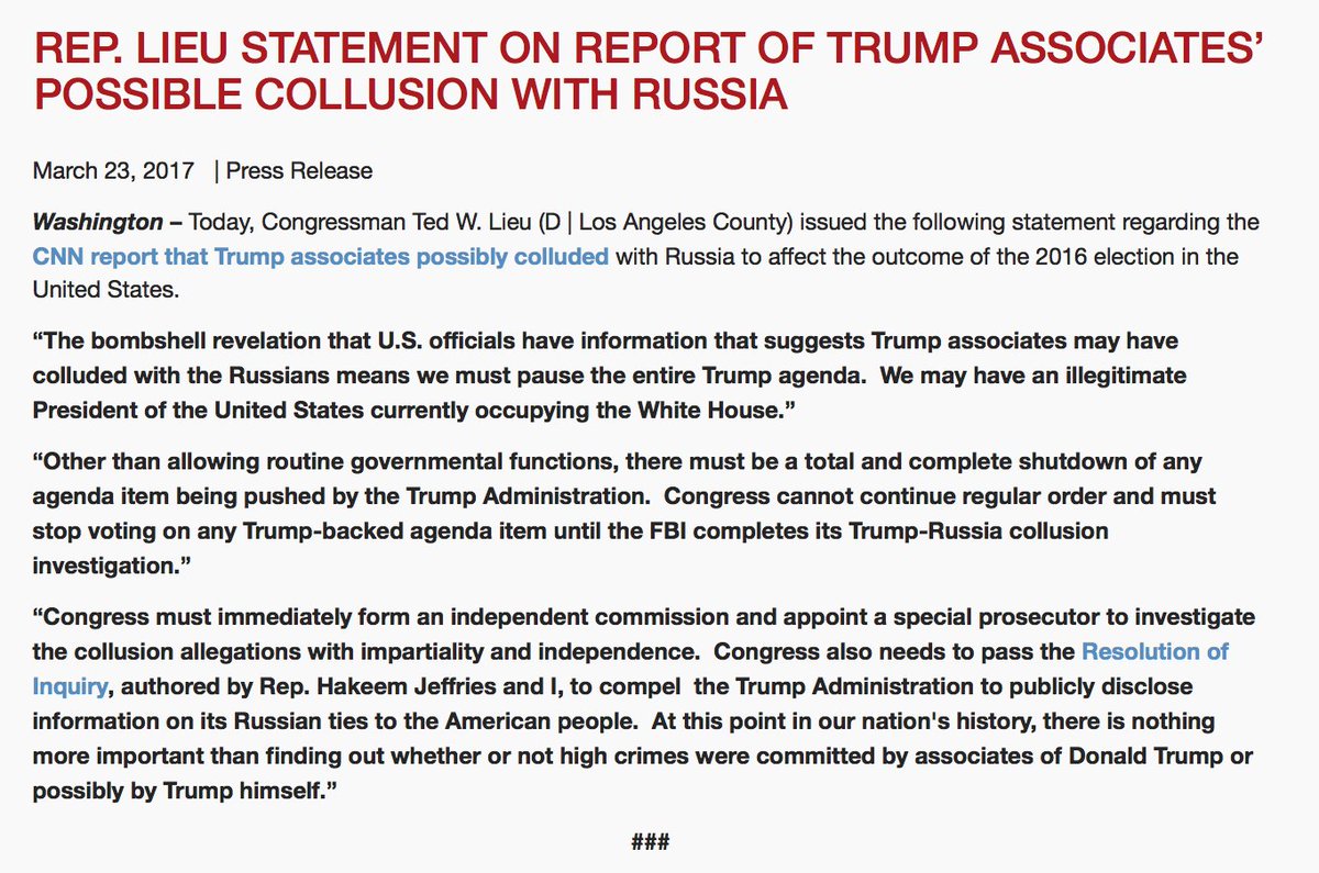 .<a href="/RepTedLieu/">Rep. Ted Lieu</a> is calling for a "total and complete shutdown" of voting on all Trump agenda items until #TrumpRussia probe is complete. 👏👏👏