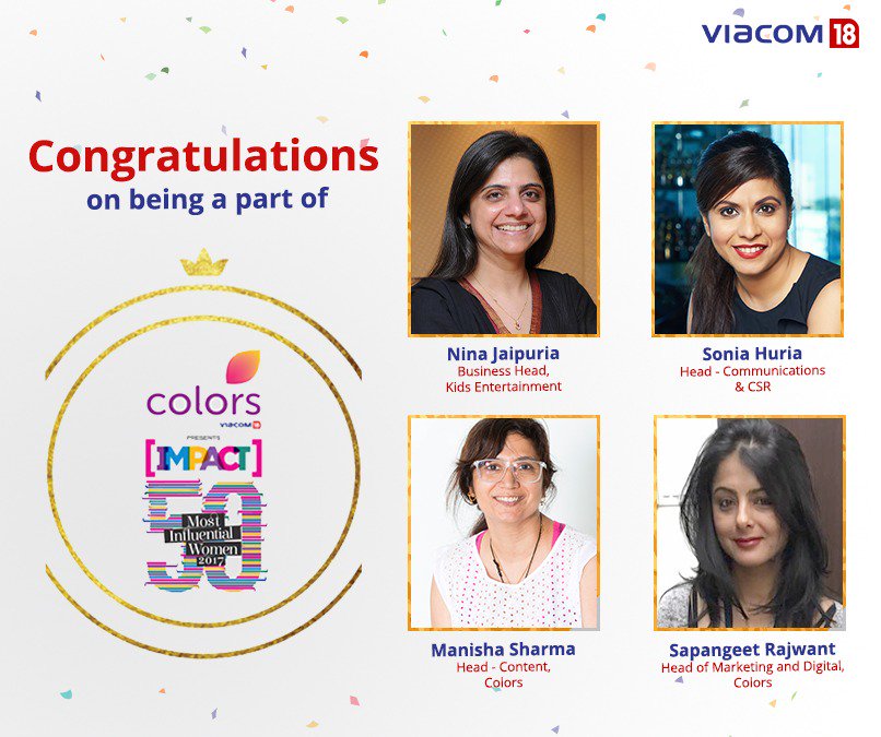 viacom18's tweet photo. Congratulations @NinaJaipuria, @SoniaHuria, @sapangeet, @mnysha for being in @e4mtweets #Impact50Women list. Give our leaders a shout out. https://t.co/j6b4yPFpfu