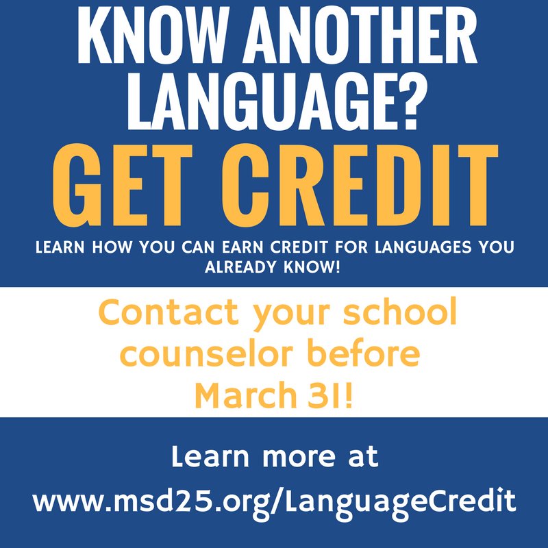msd25's tweet photo. Get credit for languages you already know! Contact your counselor &amp; register by 3/31! Learn more at https://t.co/SqWVH2qyGG @MPHSConnect https://t.co/sDgUZhYcn4