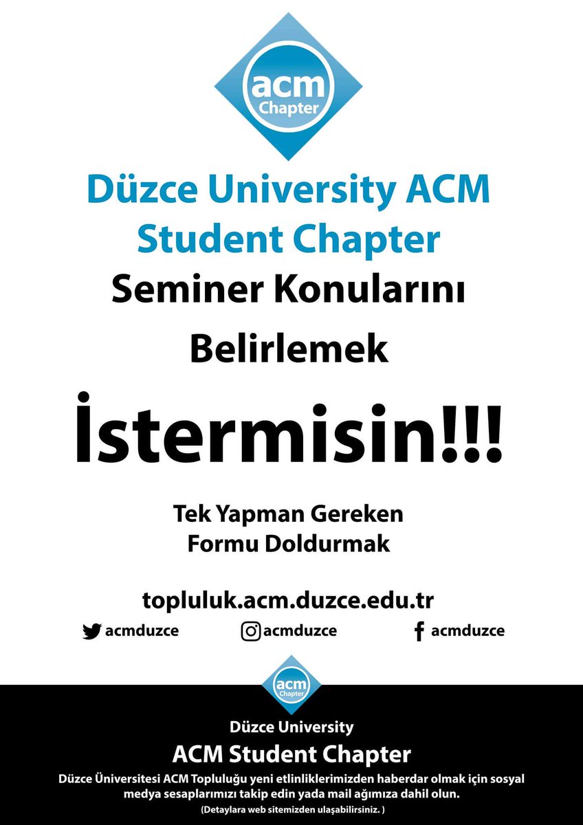 acmduzce's tweet image. Düzce University ACM Student Chapter seminer konularini katılımcılar belirliyor. Link deki formu doldurmaniz yeterli
goo.gl/forms/0iivniDW…
