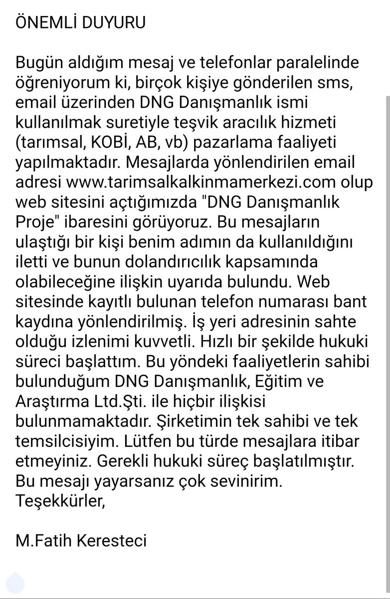 fatihkeresteci's tweet photo. DNG Danışmanlık olarak adımın kullanıldığı, dolandırıcılık faaliyeti olması olası bir durumla karşı karşıyayım. Mesajı yayarsanız sevinirim. https://t.co/ly2DZ5P8EO