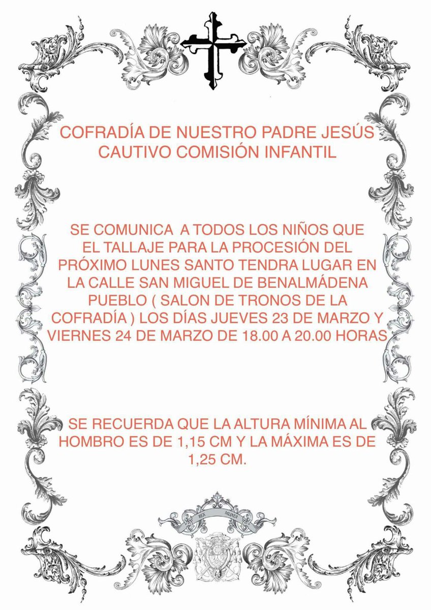 Os recordamos a todos que esta tarde comienza el tallaje de los niños que quieran participar en el Lunes Santo