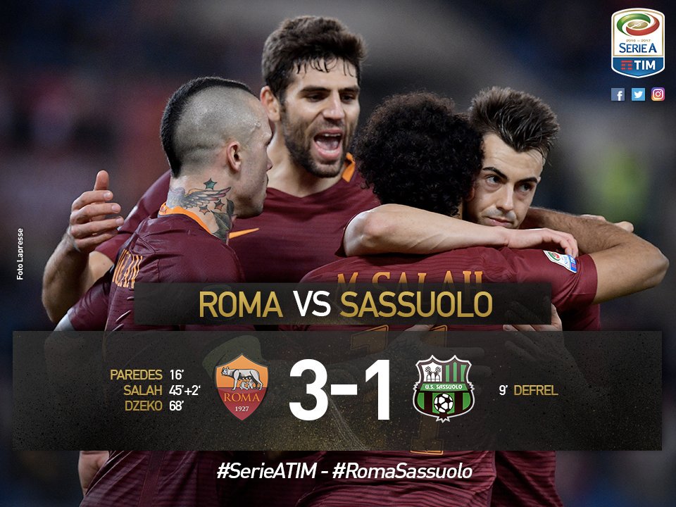 il lupi sukses mengaum di olimpico,Roma! @SERIEA_TIM:@OFFICIALASROMA 3-1 @sassuolous (FT) #SERIEATIM #ROMAsassuolo