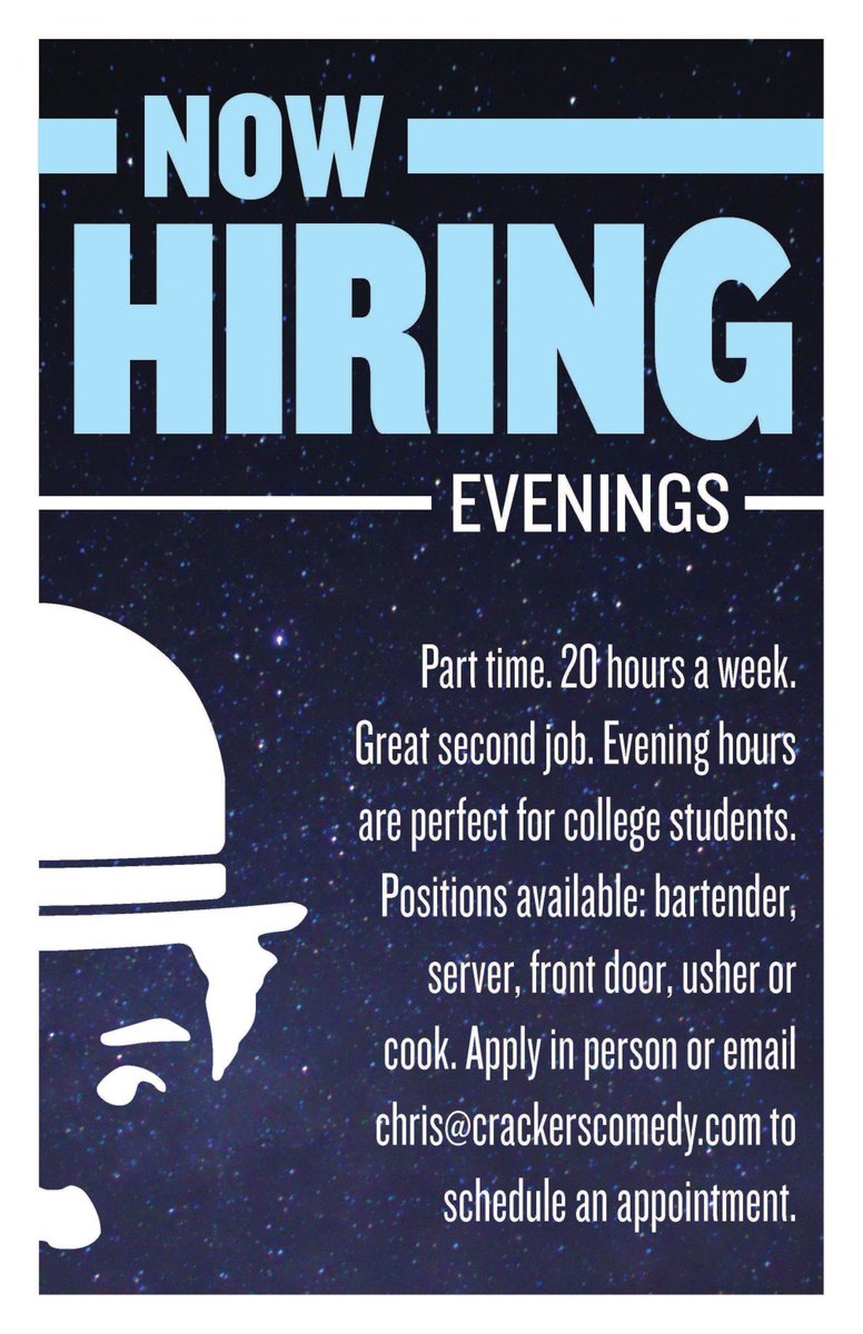 crackersdt's tweet photo. #CrackersComedy is hiring at both locations! Apply online here to be a part of our team. https://t.co/m2zvC8T5Wk https://t.co/LVJUlQLgef