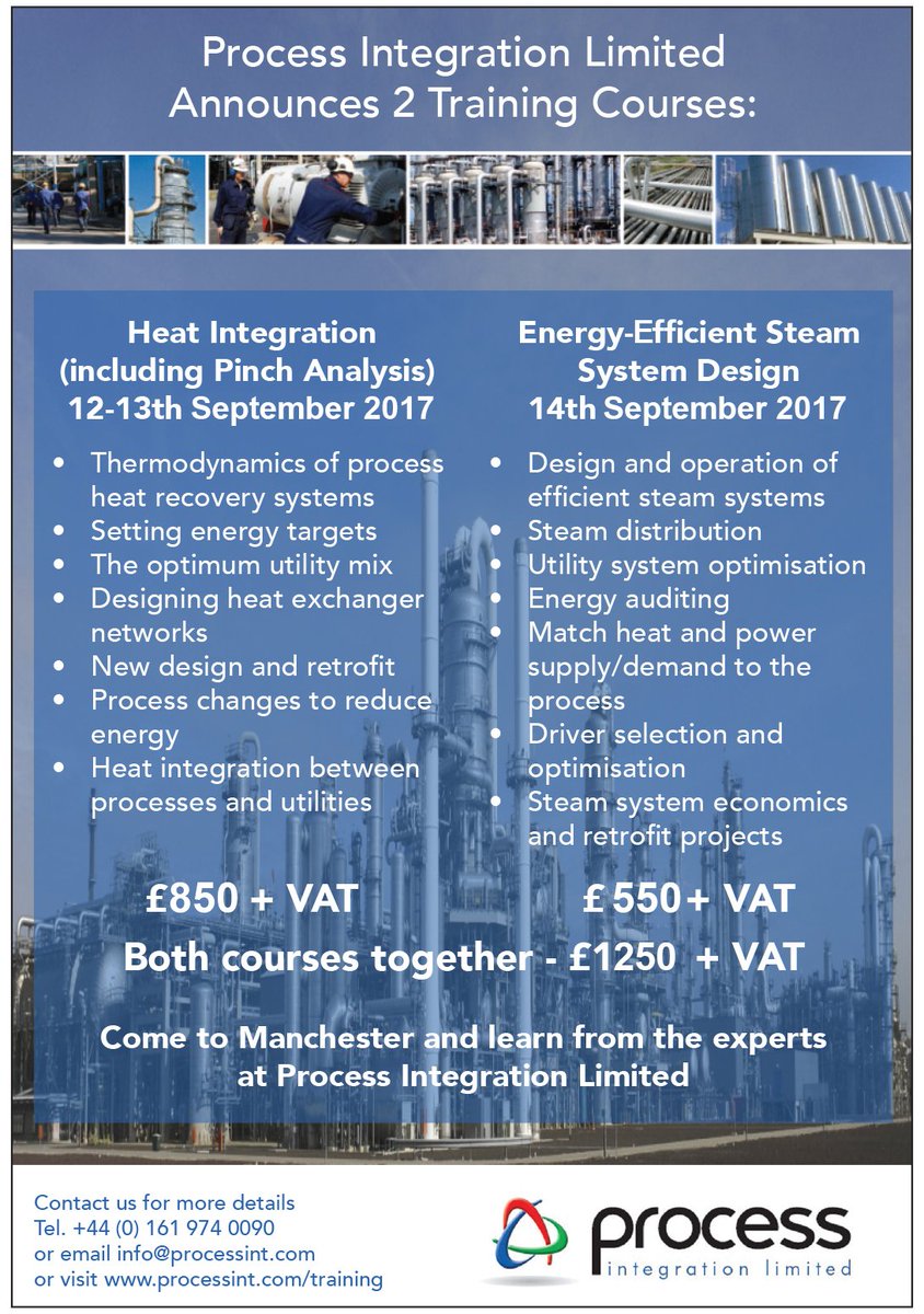 PIL's public training courses are out! This year we offer Heat Integration and Steam Systems. Contact us for more info #Altrincham #mcr