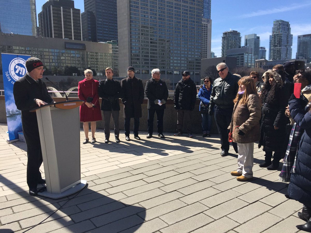cupelocal79's tweet photo. Members of Local 79 work to raise everyone's standard of life, says Deputy Mayor Glenn DeBaeremaeker at #TO79 flag raising. #topoli https://t.co/H7Zkaxf2PM