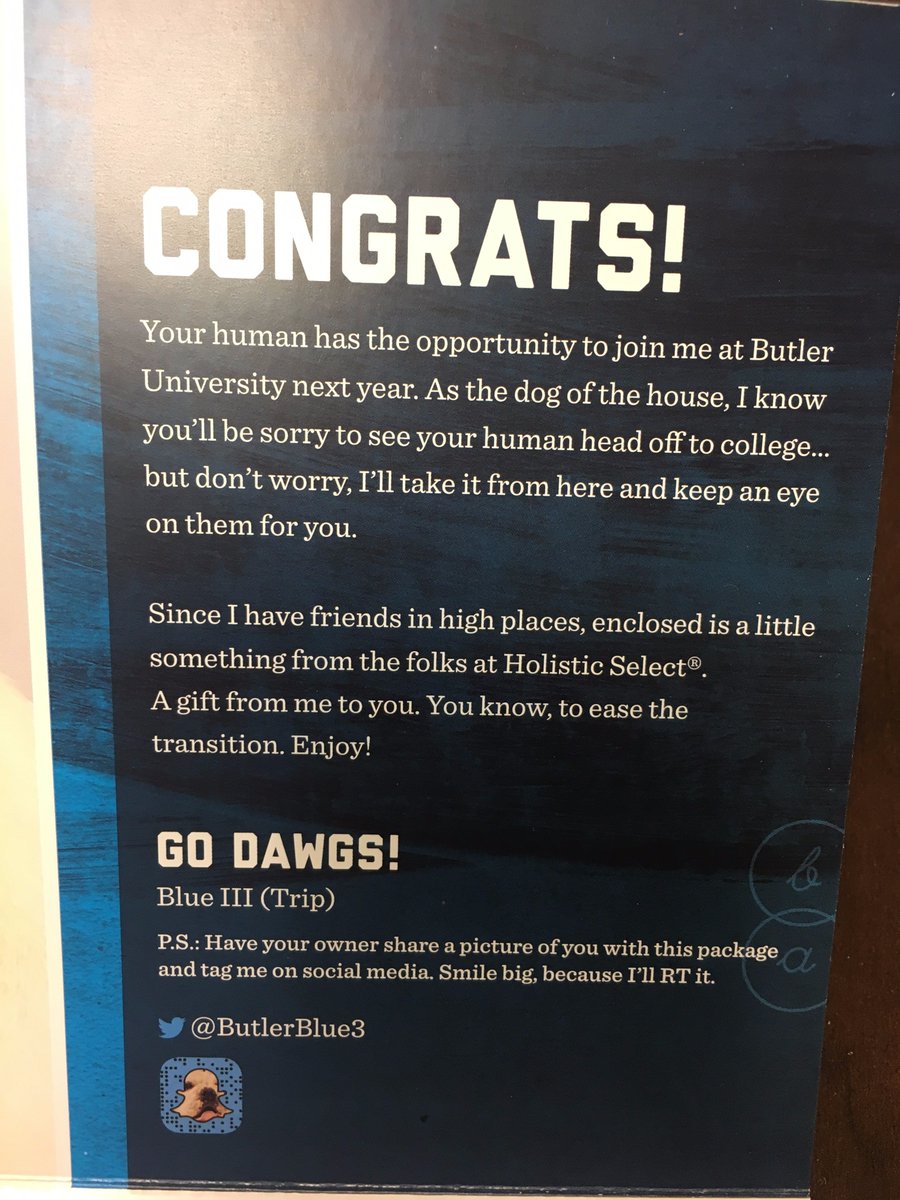butleru's tweet photo. Our #collegemail isn't just for humans now. Thanks to @holisticselect, doggos of admitted students will get their own #ButlerBound packets. https://t.co/MwlQNbhOkq