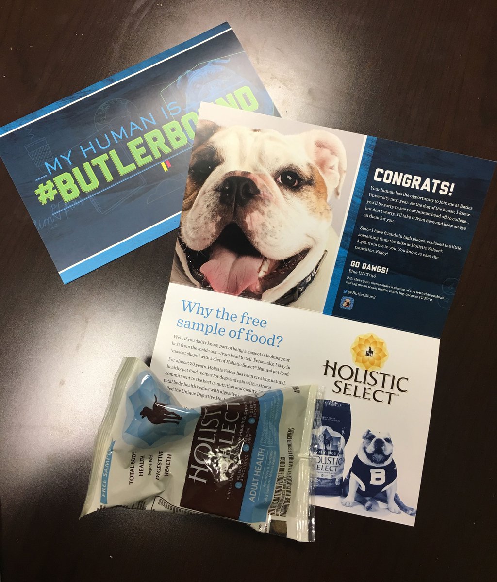 butleru's tweet photo. Our #collegemail isn't just for humans now. Thanks to @holisticselect, doggos of admitted students will get their own #ButlerBound packets. https://t.co/MwlQNbhOkq