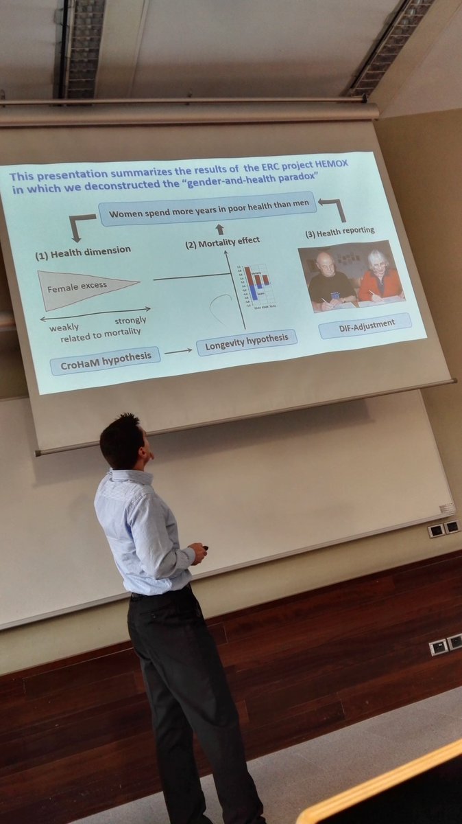 ASoleauro's tweet photo. Marc Luy from @WiCVienna explaining the "gender-health-paradox" using German data. #healthyLE  #mortalityeffects #healtheffects @DemoSocUPF https://t.co/YvOvgGmmHc