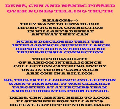authordiwan's tweet photo. @seanhannity Please use this for your chat with Nunes tonight. DEMS, CNN, MSNBC hate the truths told by Nunes @authordiwan https://t.co/IAHYS6fL5I
